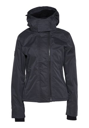 Zwarte waterdichte jas met hoge kraag, verstelbare capuchon, rits aan de voorkant, zijzakken en geribbelde manchetten.