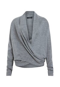 Jasnoszary sweter z opadającym kołnierzem i długimi rękawami. Wykonany z miękkiego materiału, cechujący się luźnym krojem i marszczeniami na dole.