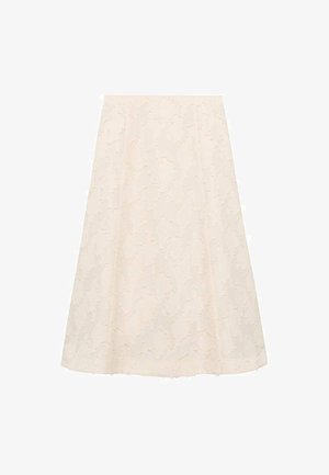 Una gonna A-line di colore crema realizzata in tessuto testurizzato con un motivo sottile, caratterizzata da un design a metà lunghezza e orlo grezzo.