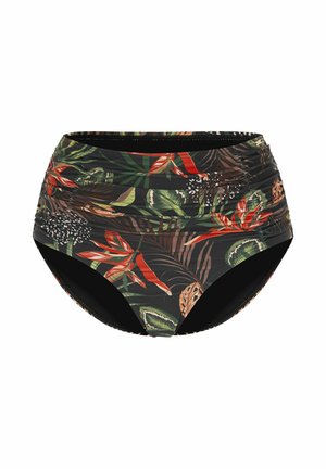 Bikinibroekje met hoge taille en gerimpelde zijkanten, met een donker tropisch bladerenpatroon in groene, oranje en bruine tinten.