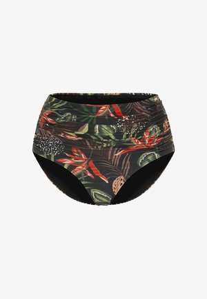 Bikinibroekje met hoge taille en gerimpelde zijkanten, met een donker tropisch bladerenpatroon in groene, oranje en bruine tinten.