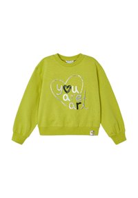 Maglione verde lime con scollo rotondo, maniche lunghe e polsini a coste. Presenta una grafica con "tu sei arte" in colori misti.