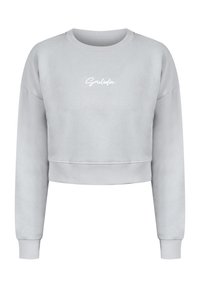 Felpa cropped grigio chiaro realizzata in tessuto morbido, con scollatura rotonda, maniche lunghe e un logo ricamato bianco sul davanti.