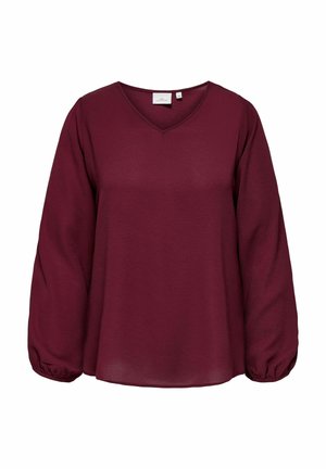 Burgundy long-sleeve top with a V-neck, featuring a relaxed fit and gathered cuffs, made from soft, textured fabric.