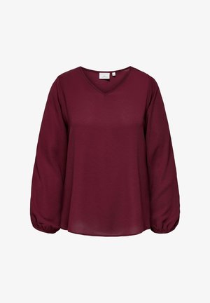 Burgundy long-sleeve top with a V-neck, featuring a relaxed fit and gathered cuffs, made from soft, textured fabric.