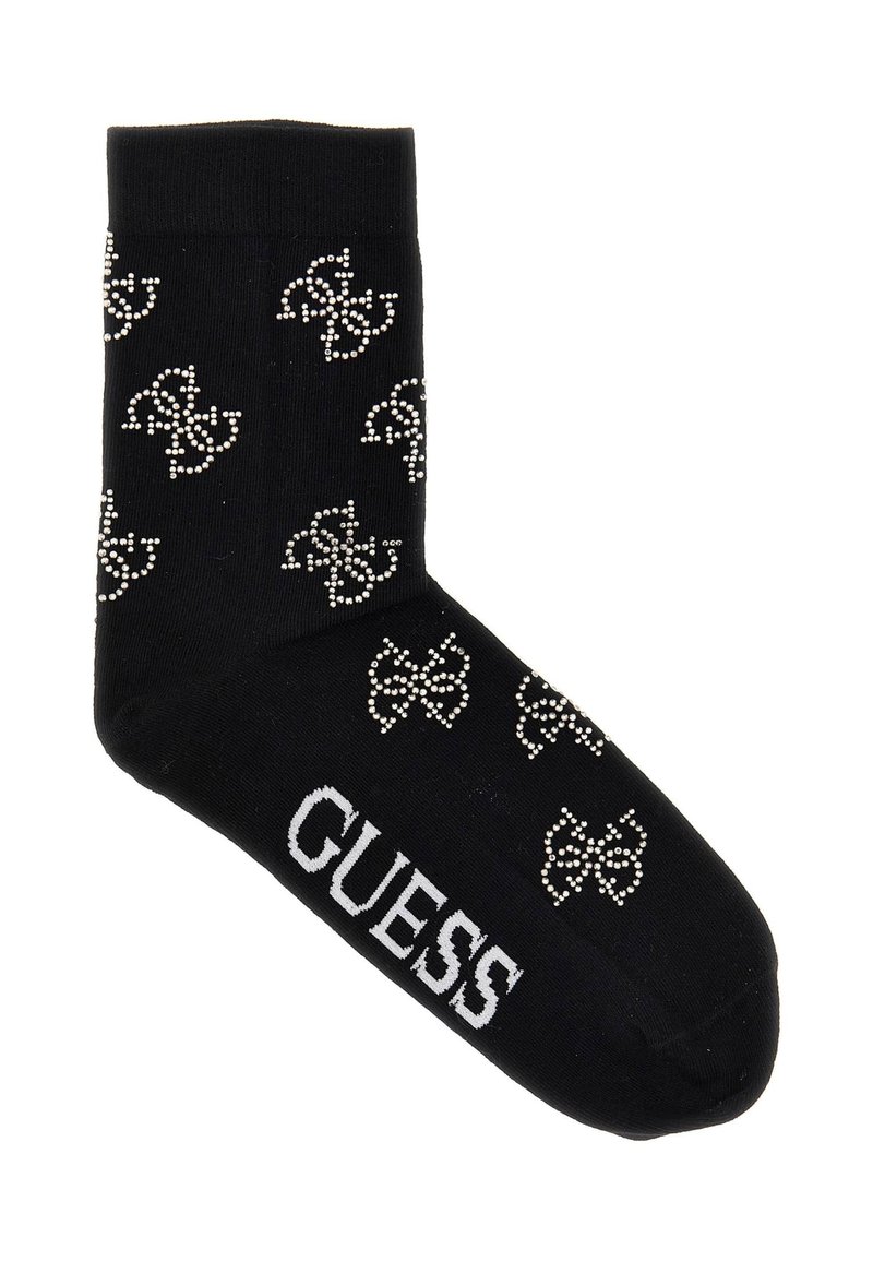 Fekete pamut zokni, strasszkő logó mintával és fehér "GUESS" felirattal a talpán. Kényelmes viselet hétköznapi használatra.