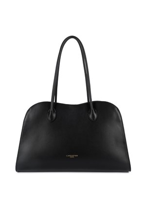 Sac à main en cuir noir avec double poignée et petit logo Lancaster Paris doré au centre avant.