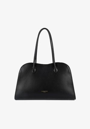 Schwarze Ledertasche mit doppelten Griffen und kleinem goldfarbenem Lancaster Paris Logo in der Mitte vorne.