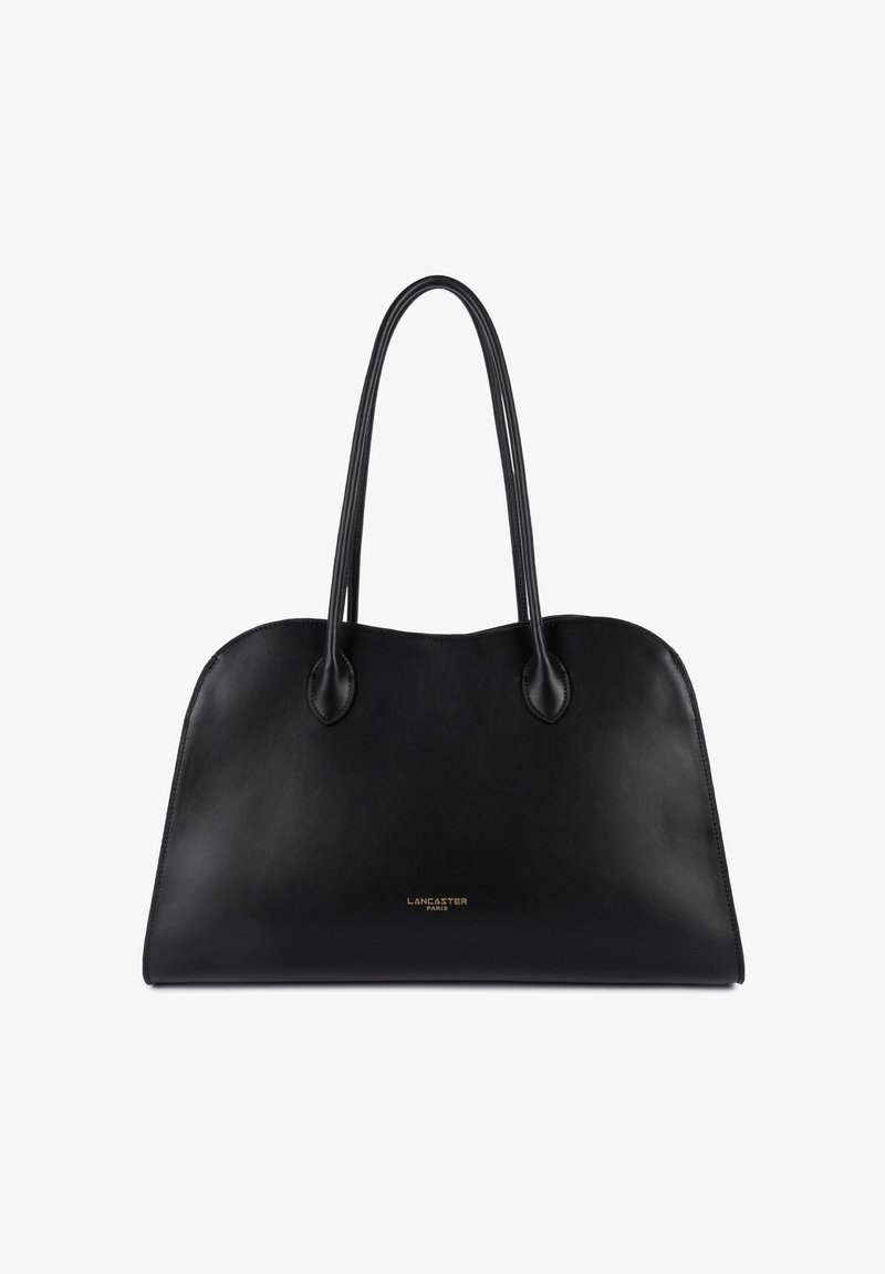 Sac à main en cuir noir avec double poignée et petit logo Lancaster Paris doré au centre avant.
