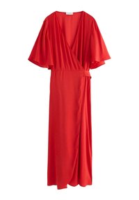 Rød omslagskjole med korte flæseærmer, v-udskæring og samlet talje. Glat, letvægtigt stof med en flydende silhuet.
