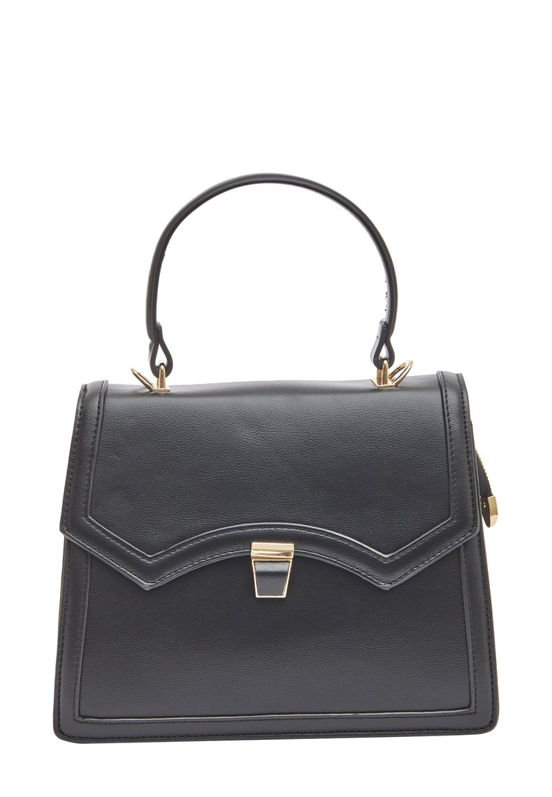 Zwarte leren handtas met een gestructureerd ontwerp, gouden hardware en een bovenhandvat. Voorzien van een gebogen klep en een detail met een sluiting aan de voorkant.