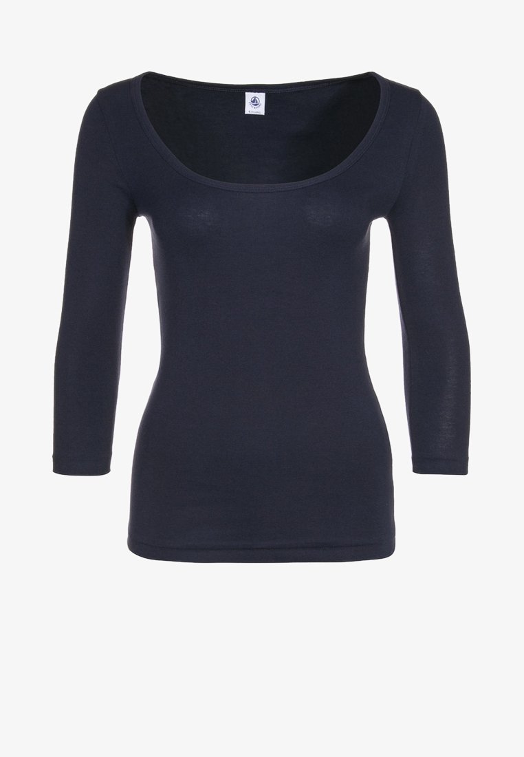 Navy blue long-sleeve shirt made of soft material with a scoop neckline and fitted design. Smooth texture, lightweight, and breathable.
