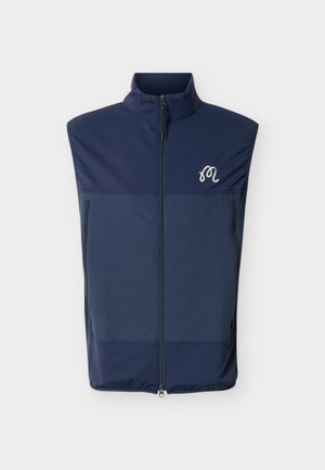 Navy blue sleeveless vest with full front zipper, high collar, two zippered side pockets, and a small white embroidered logo on the chest.