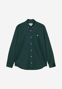 Camicia a maniche lunghe con bottoni in cotone verde scuro. Presenta un colletto classico, bottoni bianchi e un piccolo logo del marchio sul lato sinistro del petto.