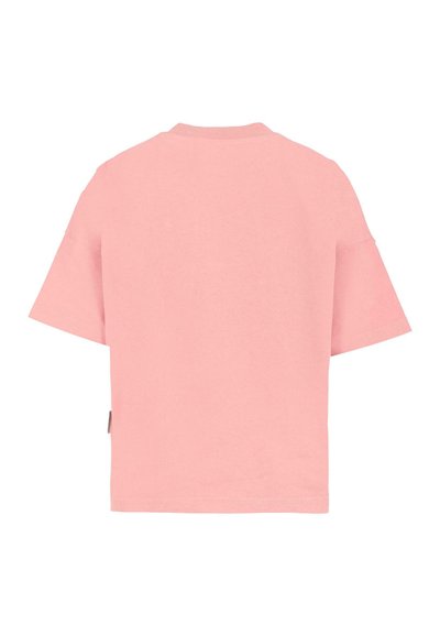 Jasnoróżowa, krótki rękaw, koszulka pokazana z tyłu, z okrągłym dekoltem i prostokątnym krojem.