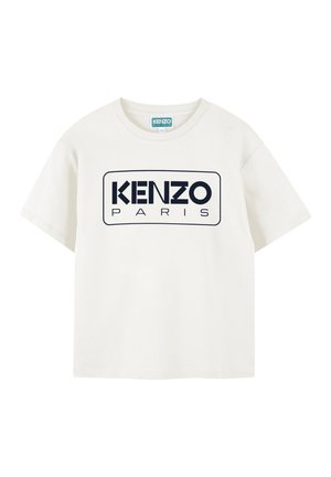 White cotton t-shirt with short sleeves and a crew neck. Features a printed navy logo that reads "KENZO PARIS" on the front.
