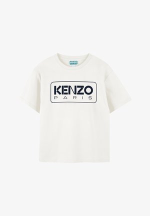 Witte katoenen t-shirt met korte mouwen en een ronde hals. Kenmerkt zich door een bedrukte marineblauwe logo met de tekst "KENZO PARIS" op de voorkant.