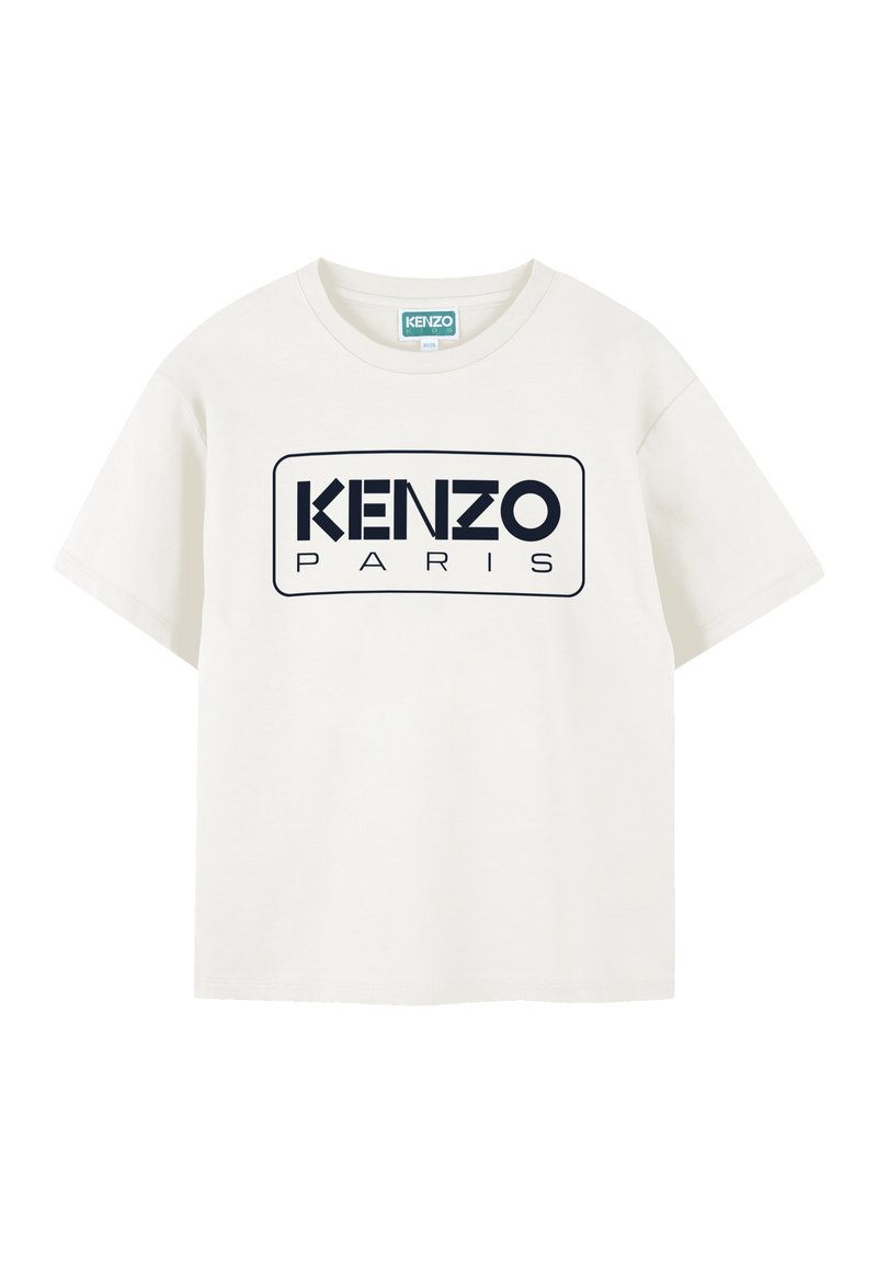 T-shirt en coton blanc avec des manches courtes et un col rond. Présente un logo imprimé en marine qui indique "KENZO PARIS" sur le devant.