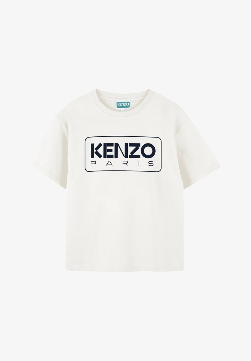 T-shirt en coton blanc avec des manches courtes et un col rond. Présente un logo imprimé en marine qui indique "KENZO PARIS" sur le devant.