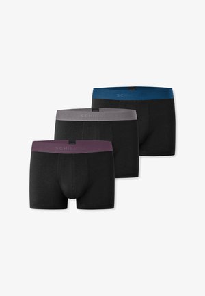 Three pairs of black boxer shorts with contrasting waistbands: dark blue, gray, and purple. Smooth fabric, fitted design, logo on waistbands.