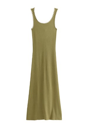 Sleeveless olive-green ribbed knit maxi dress with scalloped white trim along the neckline and armholes.