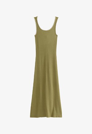 Sleeveless olive-green ribbed knit maxi dress with scalloped white trim along the neckline and armholes.