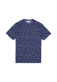 Camiseta de manga corta azul marino con un patrón abstracto de hojas en toda la superficie y un pequeño logo en forma de cuadrado en el pecho izquierdo.
