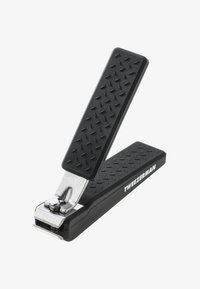 Compact zwarte metalen nagelknipper met gestructureerde gripgrepen, één verhoogd, met de merknaam "TWEEZERMAN" op het zijhandvat.