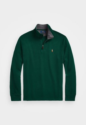 Tummanvihreä pitkähihaisena neljännesvetoketjulla varustettu neule, jossa on harmaa sisäkaulus ja pieni brodeerattu polo-pelaajan logo vasemmassa rinnassa.