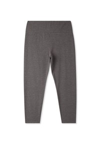 Leggins grigi a vita alta realizzati in un tessuto elasticizzato, con una texture liscia e un design aderente, senza motivi né hardware visibile.