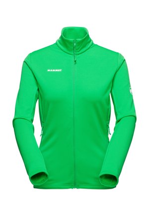 Veste polaire zippée vert vif avec manches longues, col montant et logo "Mammut" sur la poitrine gauche et la manche.