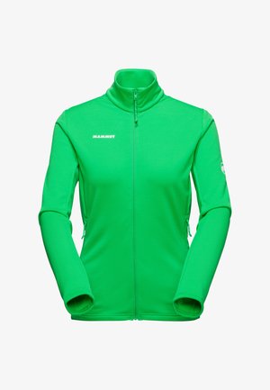 Veste polaire zippée vert vif avec manches longues, col montant et logo "Mammut" sur la poitrine gauche et la manche.