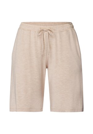 Jasnobeżowe szorty wykonane z miękkiego materiału, z elastycznym pasem w talii i sznurkiem do regulacji, w luźnym kroju. Gładka tekstura i długość do kolan.
