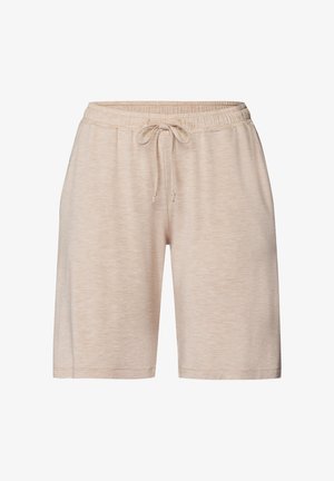 Lys beige shorts lavet af blødt stof, med en elastisk talje og snoretræk, samt en afslappet pasform. Glat tekstur og knælangt snit.