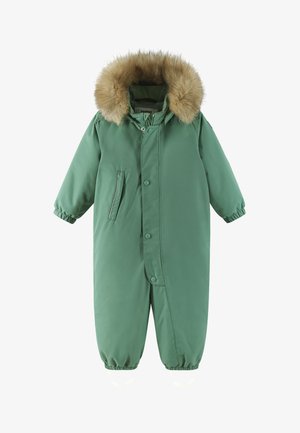 Πράσινο παλτό για χιονισμένες μέρες με κουκούλα επενδεδυμένη με ψεύτικη γούνα, κουμπιά με πίεση, ελαστικούς καρπούς και μία εξωτερική τσέπη. Λείο, υδροαπωθητικό ύφασμα.