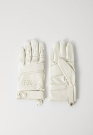 Pair of white leather gloves with stitched details and snap button closures, laid flat on a white background, showing front and back sides.