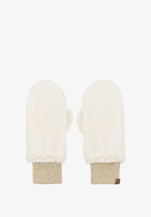 White faux fur mittens with a ribbed beige knit wrist cuff. Soft texture, rounded shape, and no visible hardware or patterns.