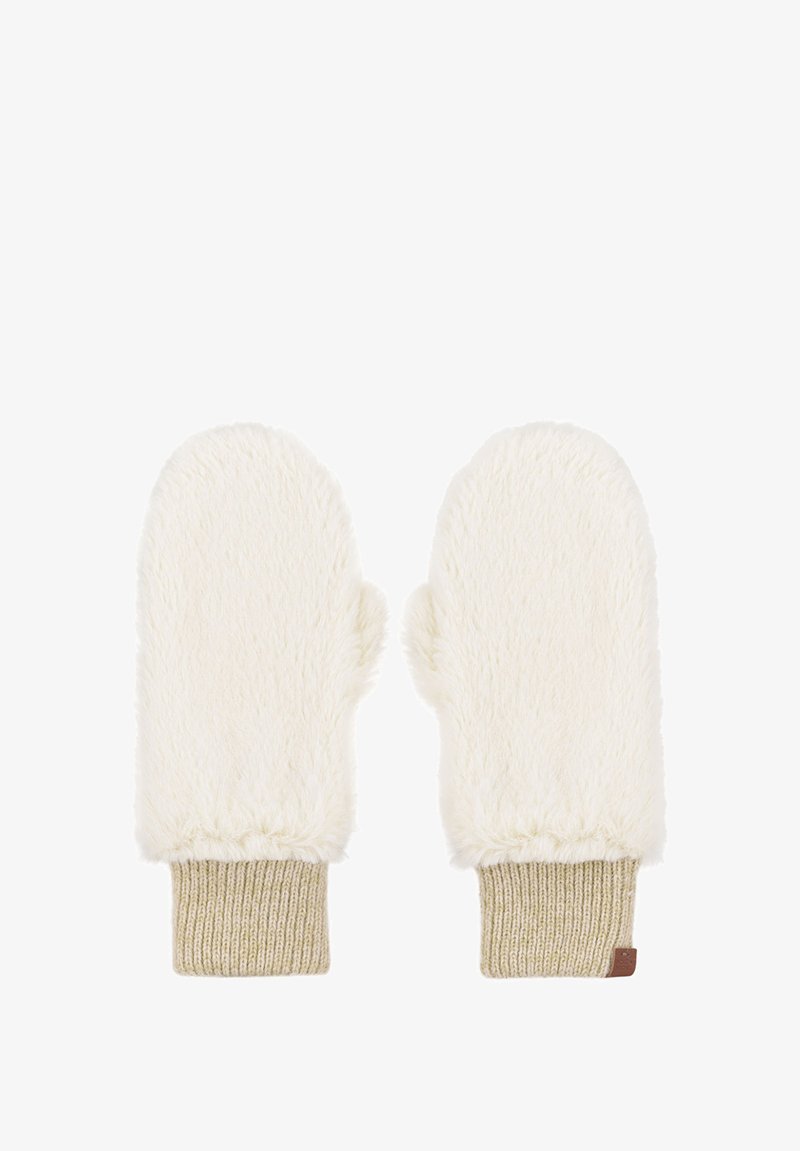 White faux fur mittens with a ribbed beige knit wrist cuff. Soft texture, rounded shape, and no visible hardware or patterns.
