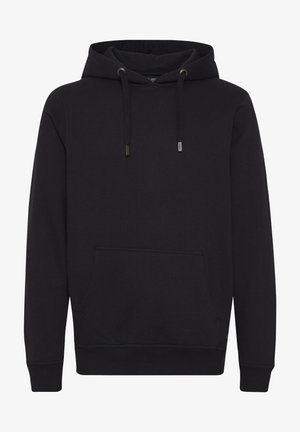 Melnā kapuce sporta krekls, kas izgatavots no mīkstas auduma, ar priekšējo kabatu, aukliņām, ribota materiāla aprocēm un gludu tekstūru.