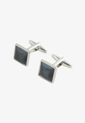 Pair of silver square cufflinks with dark gray polished stone inlays and toggle closures on a white background.