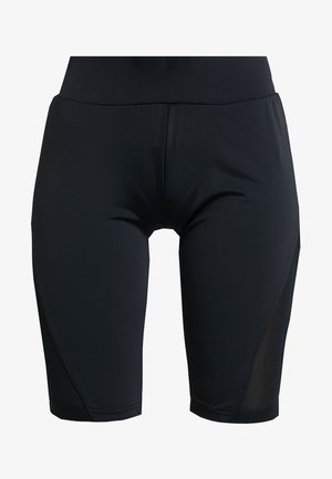 Sorte atletiske shorts med en glat tekstur, midt- lår længde og mesh-panel detaljer på siderne for åndbarhed og komfort.