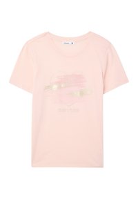 T-shirt di cotone rosa chiaro con maniche corte, presenta una grafica di cuore dorato e del testo sottostante in un design semplice e casual.