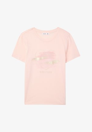 T-shirt di cotone rosa chiaro con maniche corte, presenta una grafica di cuore dorato e del testo sottostante in un design semplice e casual.