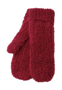 Rode, donzige wanten van textiel met structuur, voorzien van een ribbelmanchet en een ronde vorm voor warmte en comfort.