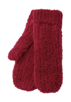 Czerwone, puszyste rękawice z teksturowanej tkaniny, z prążkowanym mankietem i zaokrąglonym kształtem dla ciepła i komfortu.