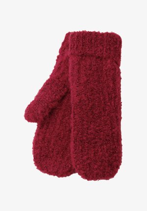 Manoplas rojas y esponjosas hechas de un tejido texturizado, con un puño acanalado y una forma redondeada para brindar calidez y comodidad.