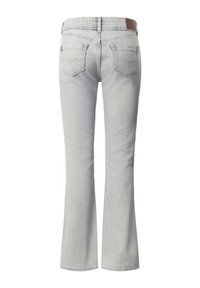 Ανοιχτό γκρι, καμπάνα τζιν με ψηλή μέση, δύο πίσω τσέπες και ένα καφέ δερμάτινο ταμπελάκι στη μέση. Απαλή υφή ντένιμ.