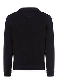 Zwart gebreide trui met een geribbeld patroon, lange mouwen en een ronde hals. Het heeft een rechte zoom en minimale details.