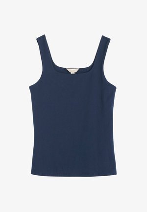 Top sin mangas de color azul marino con escote cuadrado, tirantes anchos y un diseño ajustado. Fabricado con una tela elástica y suave.