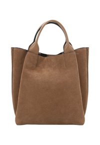 Brown suede tote bag with black leather accents, dual top handles, and an open-top design. Textured finish with clean, minimalist lines.